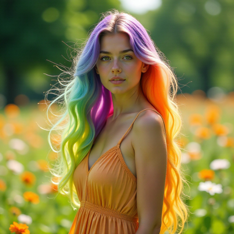 A woman with rainbow hair enjoying the outdoors.