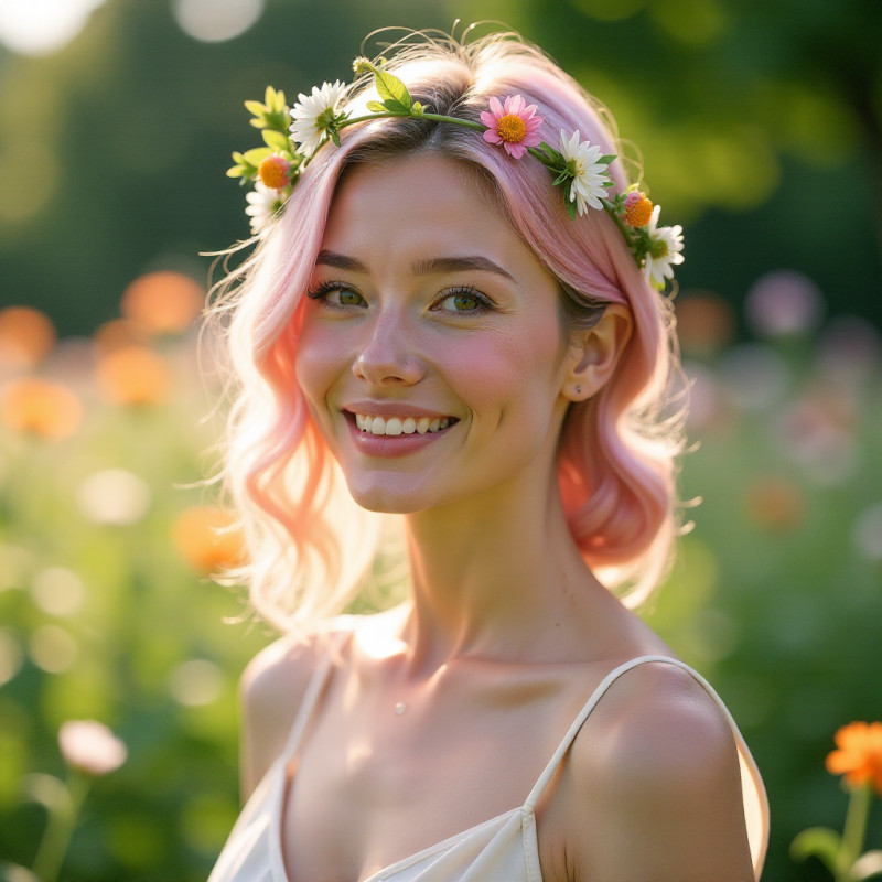 A young woman smiling with pastel hair in a garden setting.