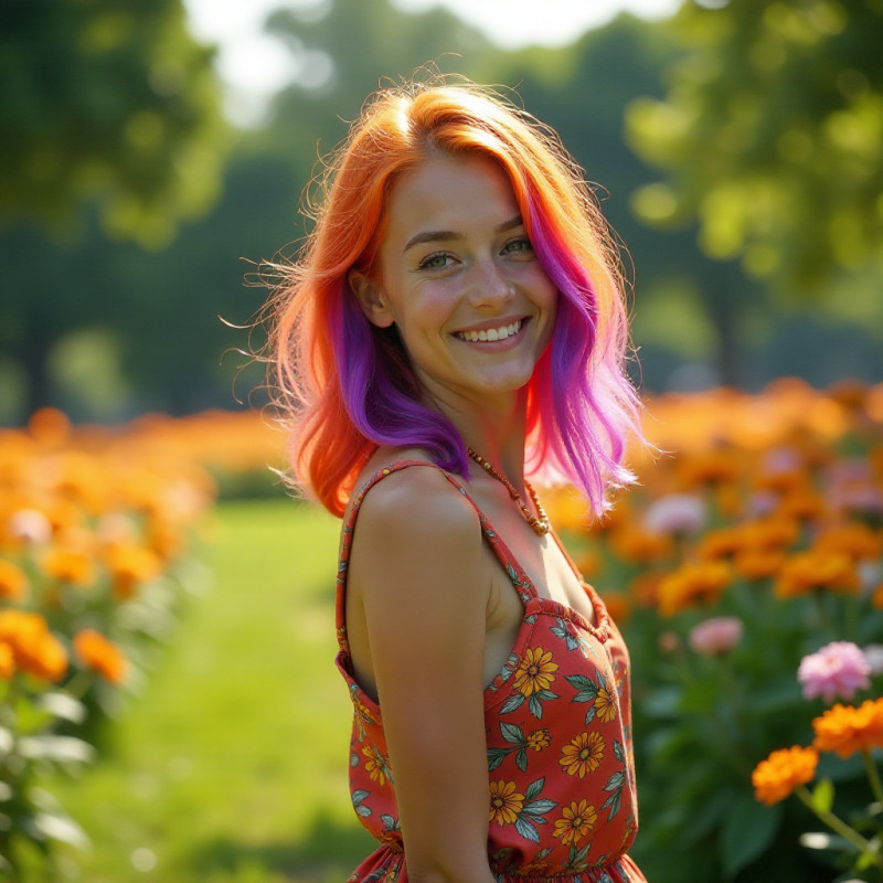 A young woman with purple and orange hair on a sunny day.