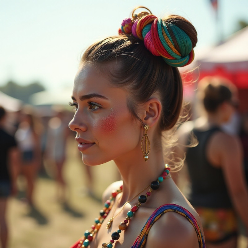 Artistic updo hairstyle on a woman at a festival.