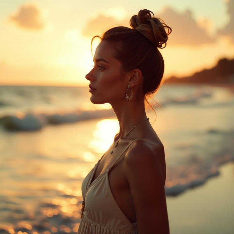 Boho chic updo hairstyle on a woman at the beach.