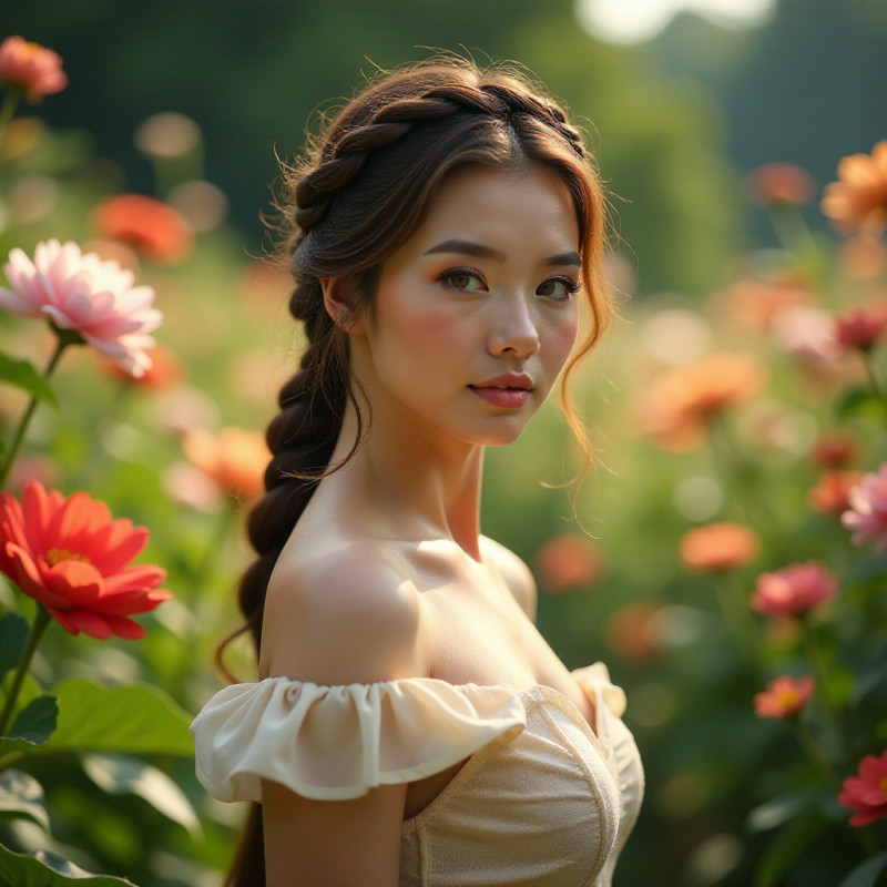 Braided crown updo hairstyle on a woman in a garden.