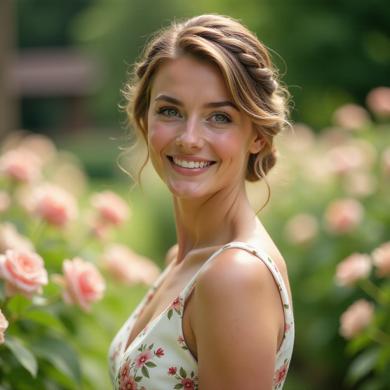 Braided updo showcased on a woman in a garden setting.