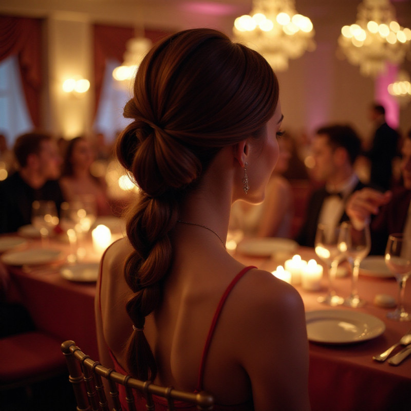 Fishtail braid updo hairstyle showcased on a woman.