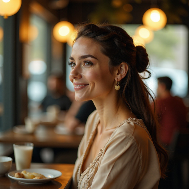 Half-up half-down twist hairstyle on a woman having brunch.