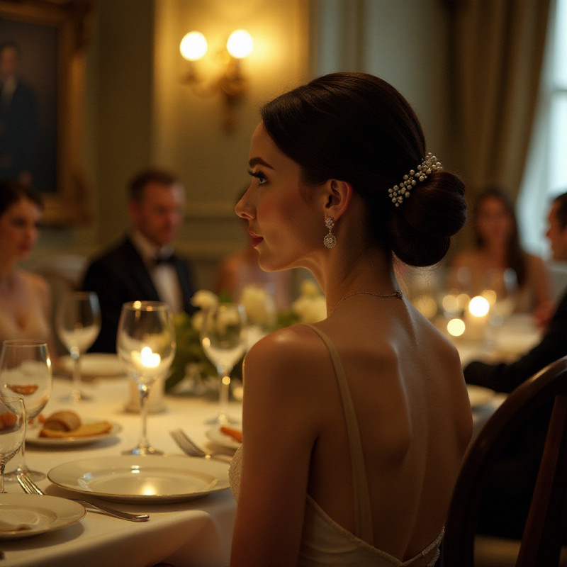 Low chignon hairstyle featured on a woman at dinner.