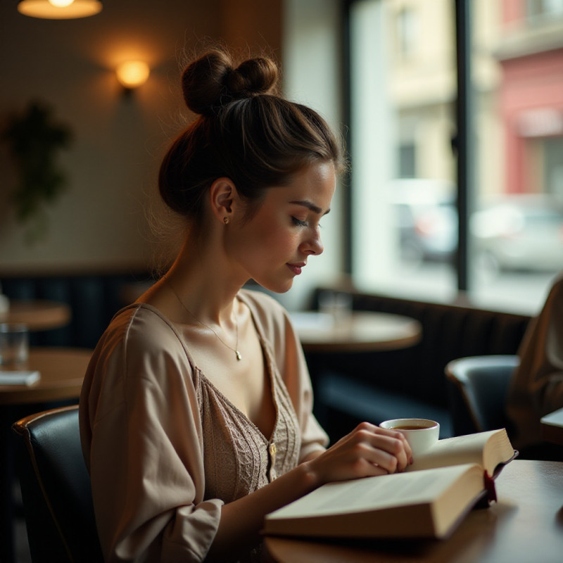 Messy bun hairstyle on a woman reading at a cafe.