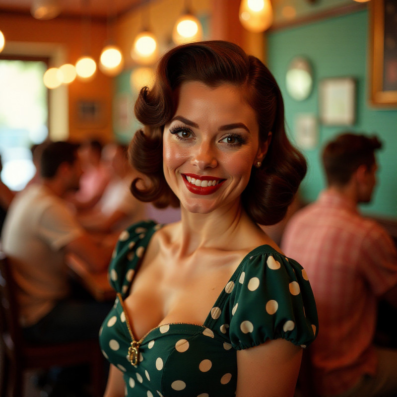 Pin-up victory rolls hairstyle on a woman at a themed party.