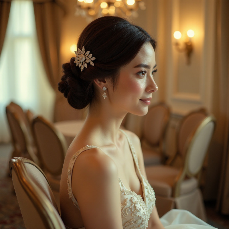 Side-swept updo hairstyle on a woman at a wedding.