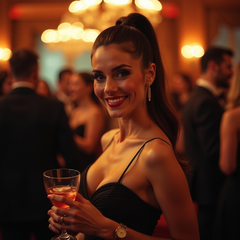 Sleek high ponytail hairstyle on a woman at a party.