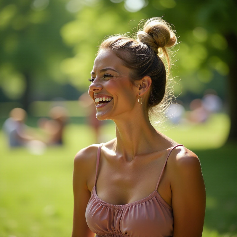 Topsy tail updo hairstyle on a woman at a park.