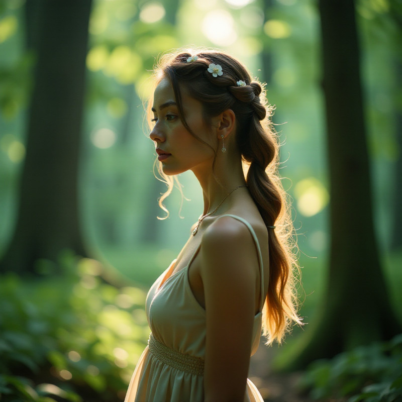 Twisted halo hairstyle on a woman in an outdoor setting.