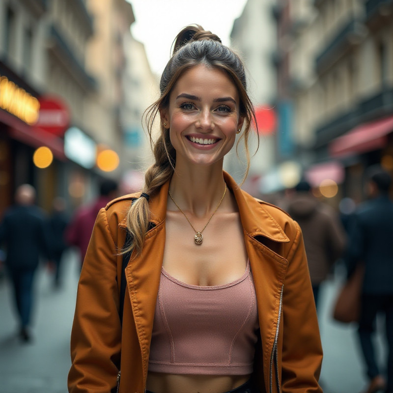 Twisted ponytail hairstyle on a woman in an urban setting.