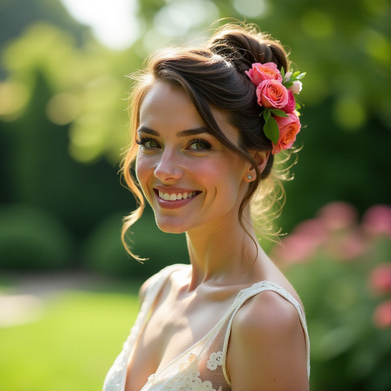 Twisted updo hairstyle with flowers on a woman at an outdoor event.