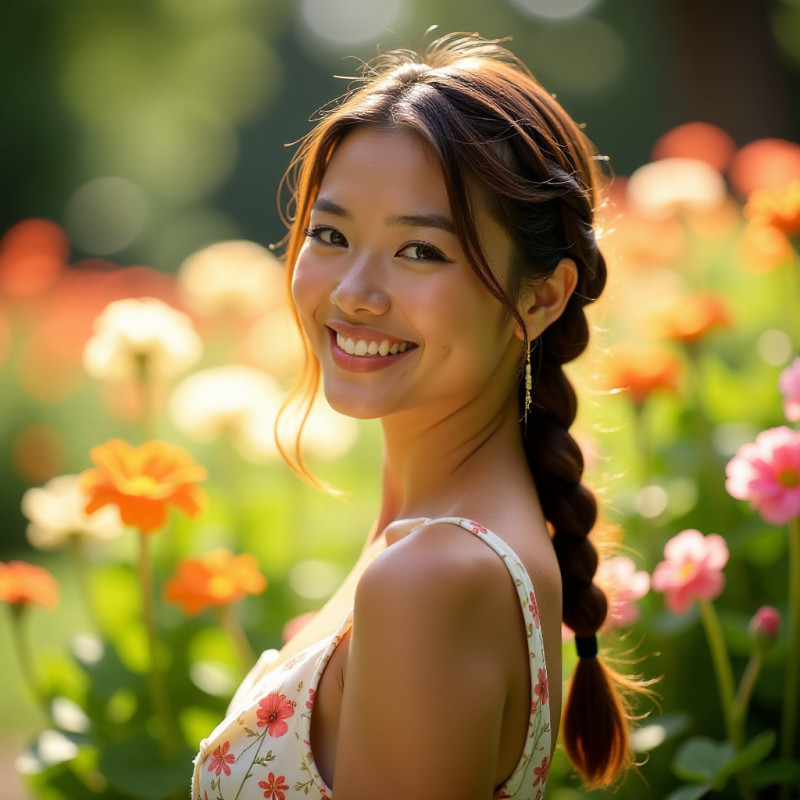 Woman with braided headband hairstyle in a flower garden.