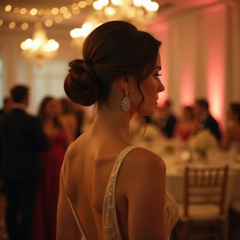 Woman with classic bun hairstyle at a wedding.