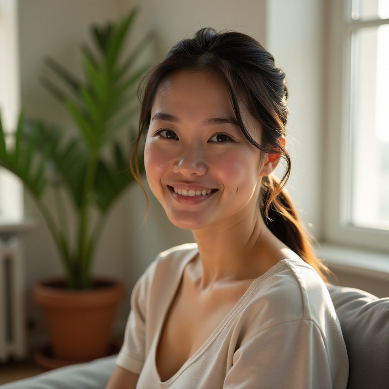 Woman with low ponytail in a bright room.