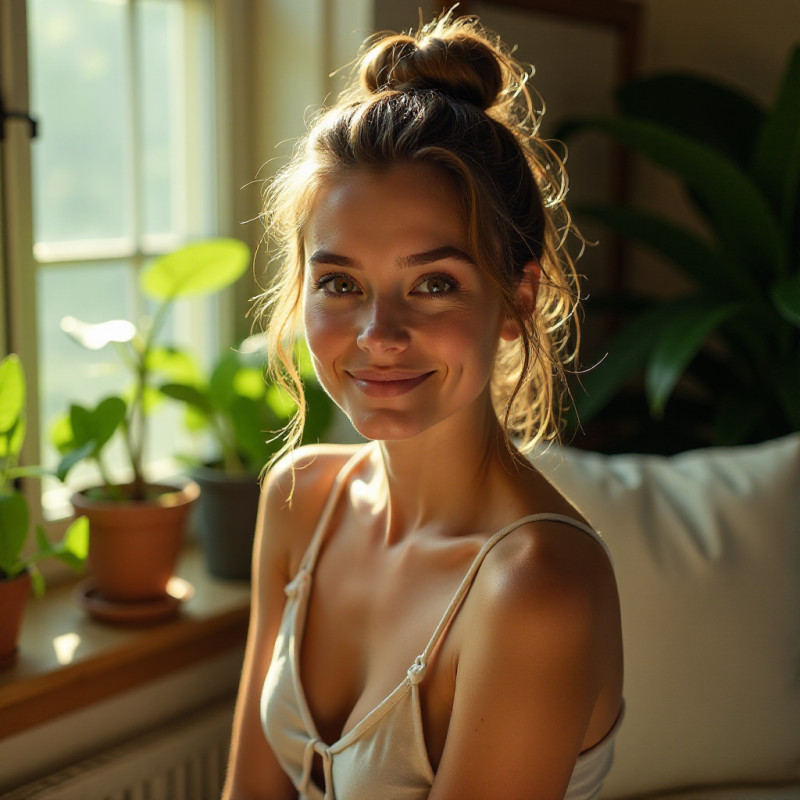 Woman with messy bun hairstyle in a cozy indoor setting.