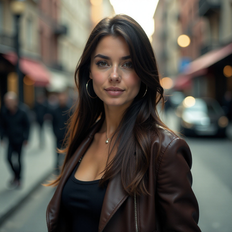 Woman with straight hair and side part posing on the street.