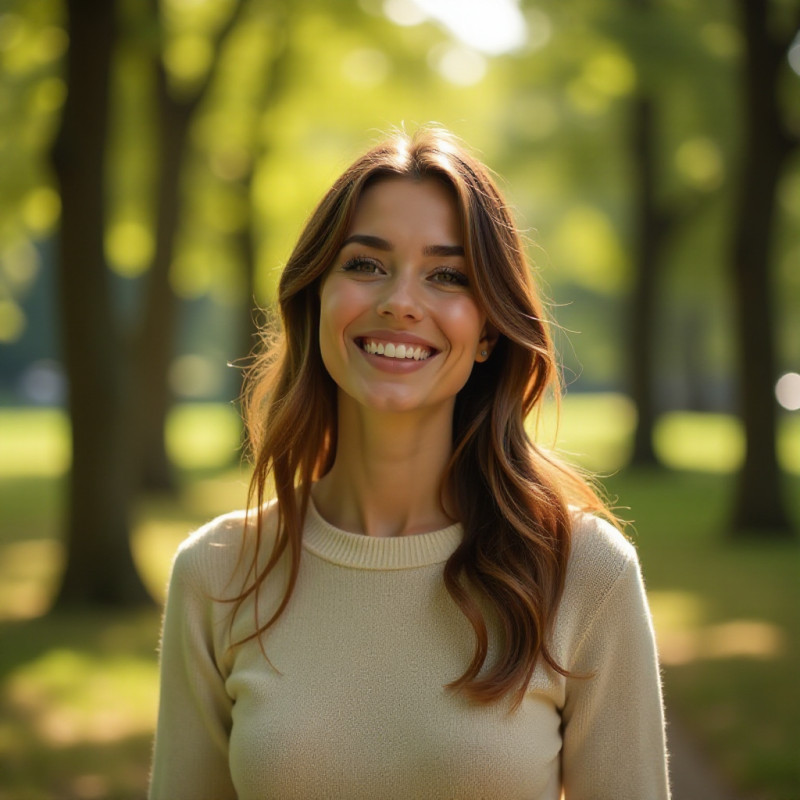 Young woman with a half up, half down hairstyle enjoying a day at the park.