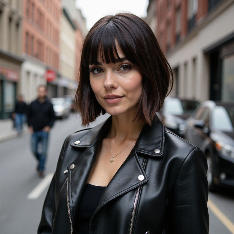 A woman with angled bangs in leather attire.