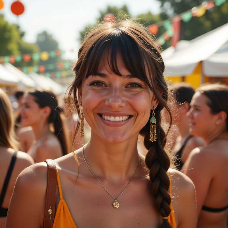 A woman with braided bangs enjoying a festival.