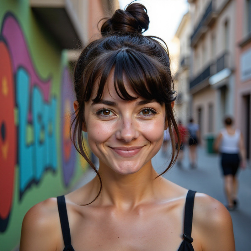 A woman with choppy bangs in front of street art.