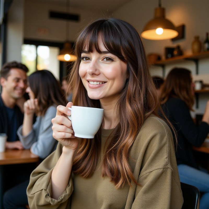 A woman with curtain bangs enjoying coffee with friends.