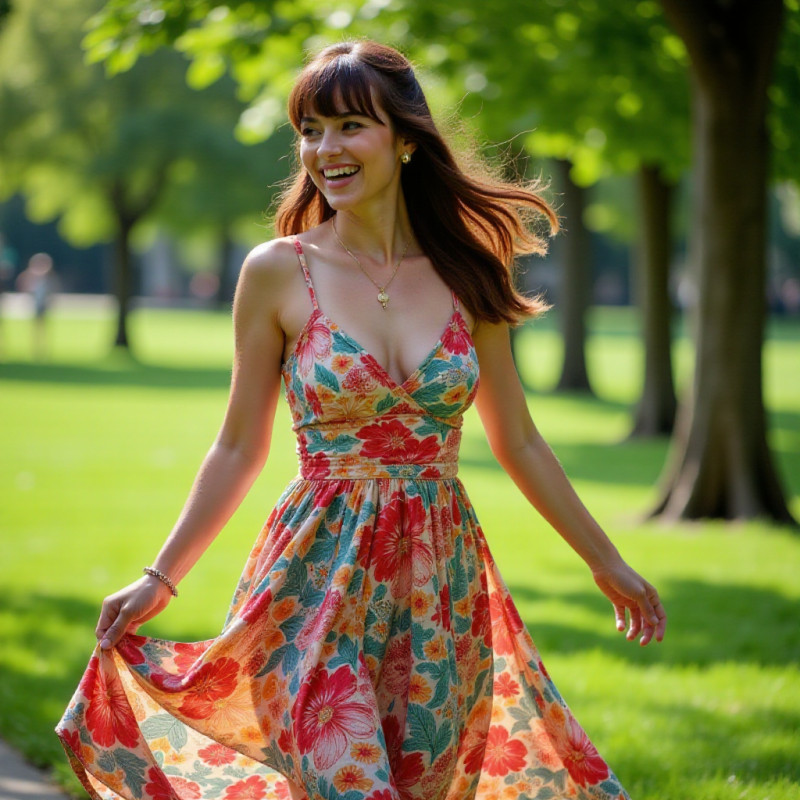 A woman with layered bangs twirling happily outdoors.