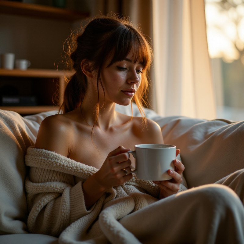 A woman with messy bangs enjoying tea at home.