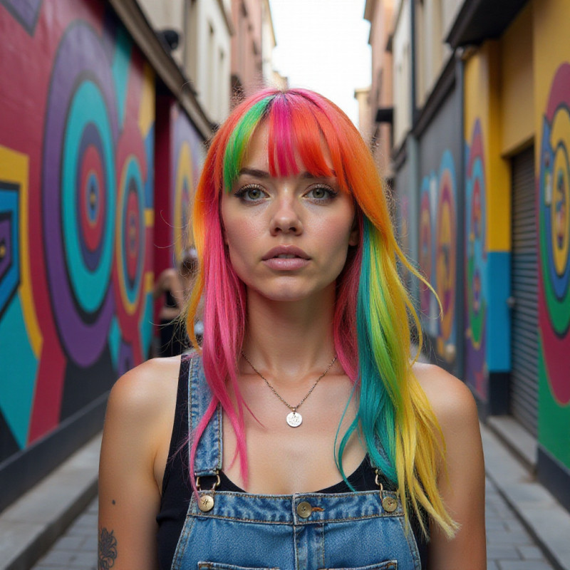A woman with rainbow bangs posing by colorful art.