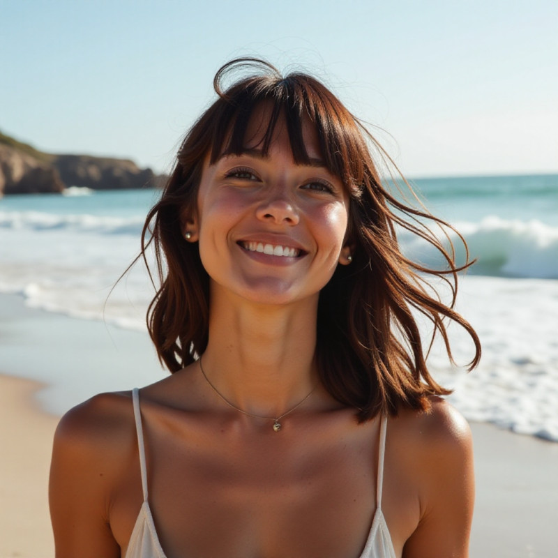 A woman with shaggy bangs enjoying a day at the beach.