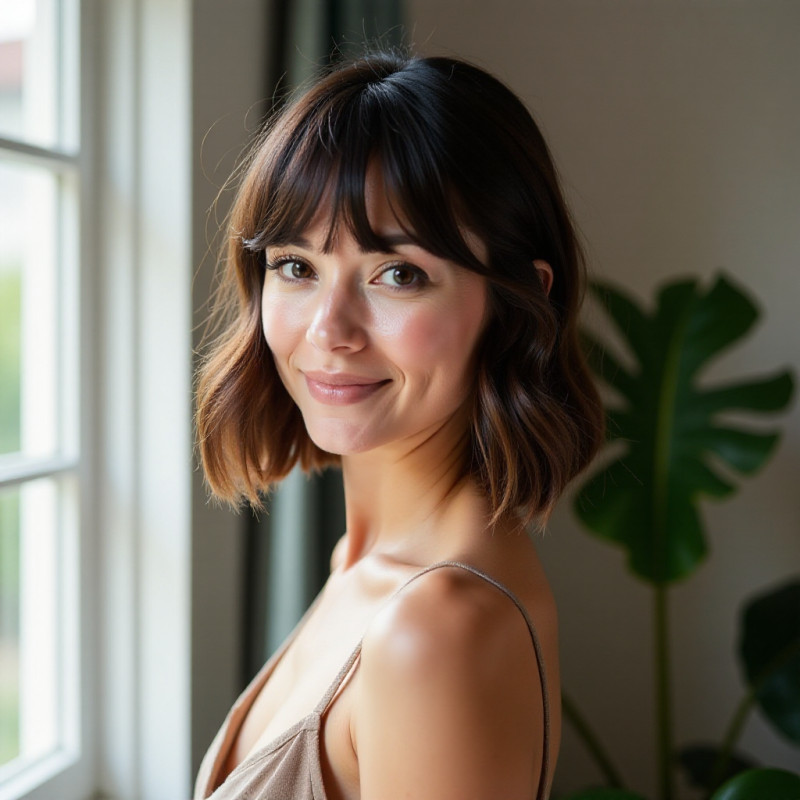 A woman with side-swept bangs standing by a window.