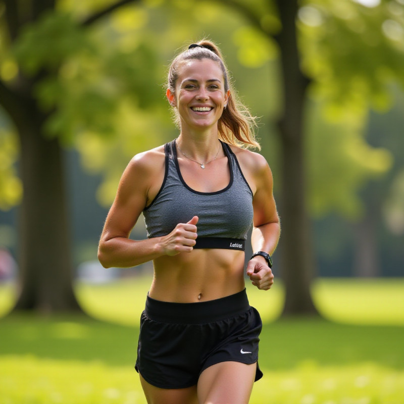 Female with a high ponytail jogging in a park. Female with a high ponytail jogging in a park.