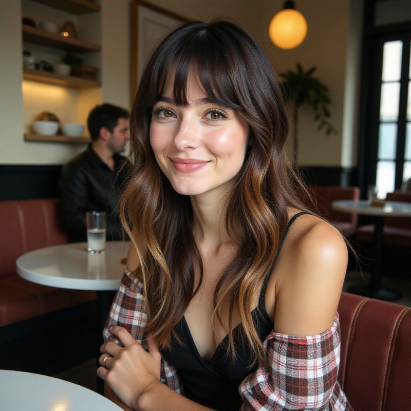 Female with bangs in a café. Female with bangs in a café.