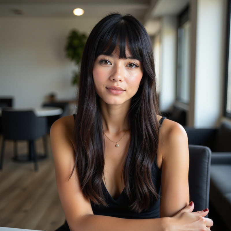 Female with blunt bangs in an office. Female with blunt bangs in an office.