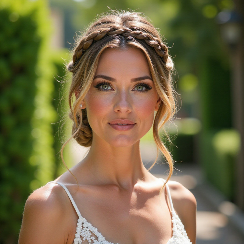Female with braided crown at a wedding. Female with braided crown at a wedding.