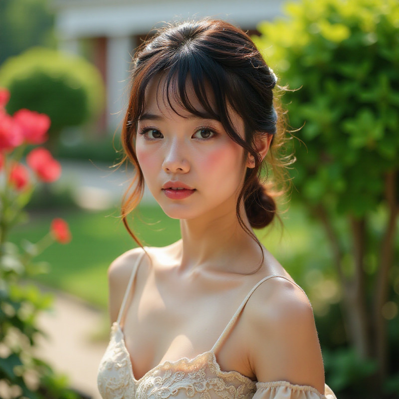 Female with curtain bangs in a garden. Female with curtain bangs in a garden.