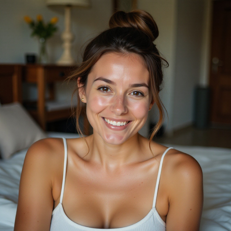 Female with messy bun at home. Female with messy bun at home.