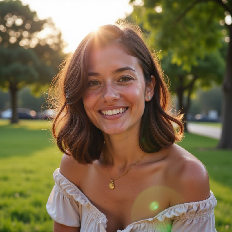 Female with shoulder-length wavy hair in the park. Female with shoulder-length wavy hair in the park.
