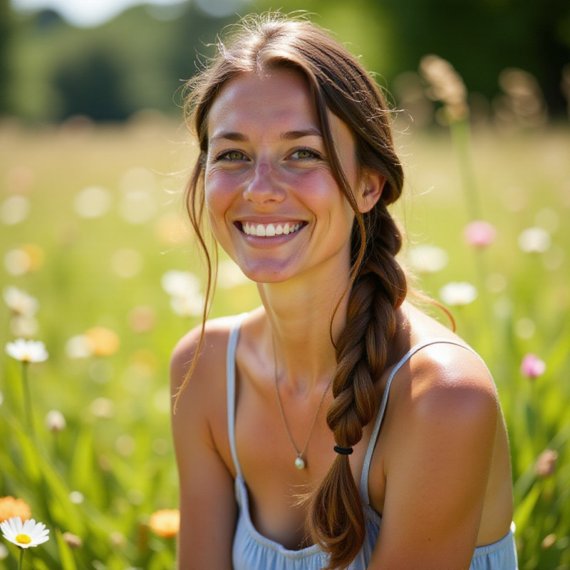 Female with side braid in a meadow. Female with side braid in a meadow.