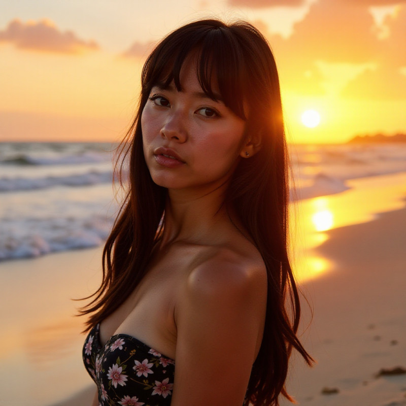 Female with side-swept bangs on the beach. Female with side-swept bangs on the beach.