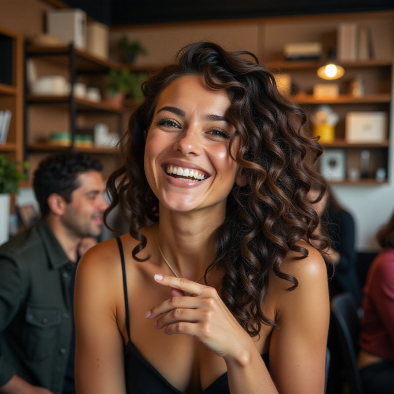 Female with voluminous curly hair in a coffee shop. Female with voluminous curly hair in a coffee shop.